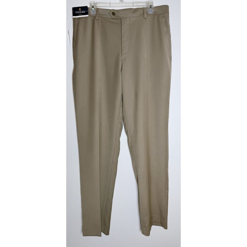 Stafford Mens Travel Super Trouser Pants 36x32 Tan Classic Fit Flat Front NWT
